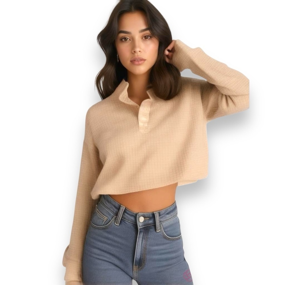 Eviet After Beige Waffle Knit Crop Top Size M